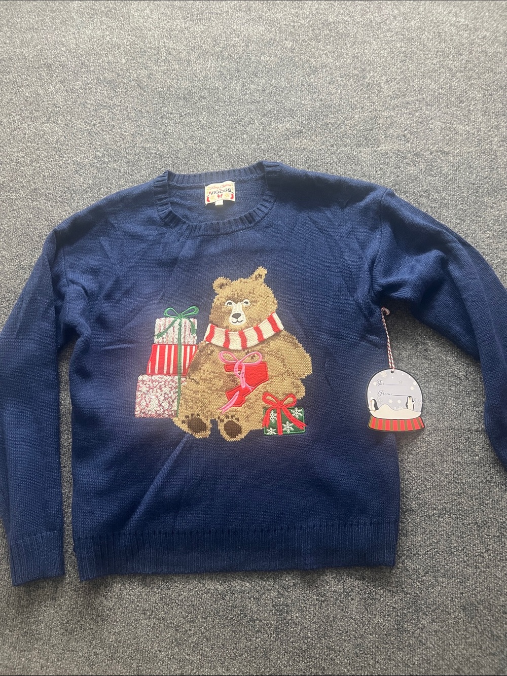 Vigoss Navy Crewneck Sweater with Festive Bear and Gifts Merry Christmas